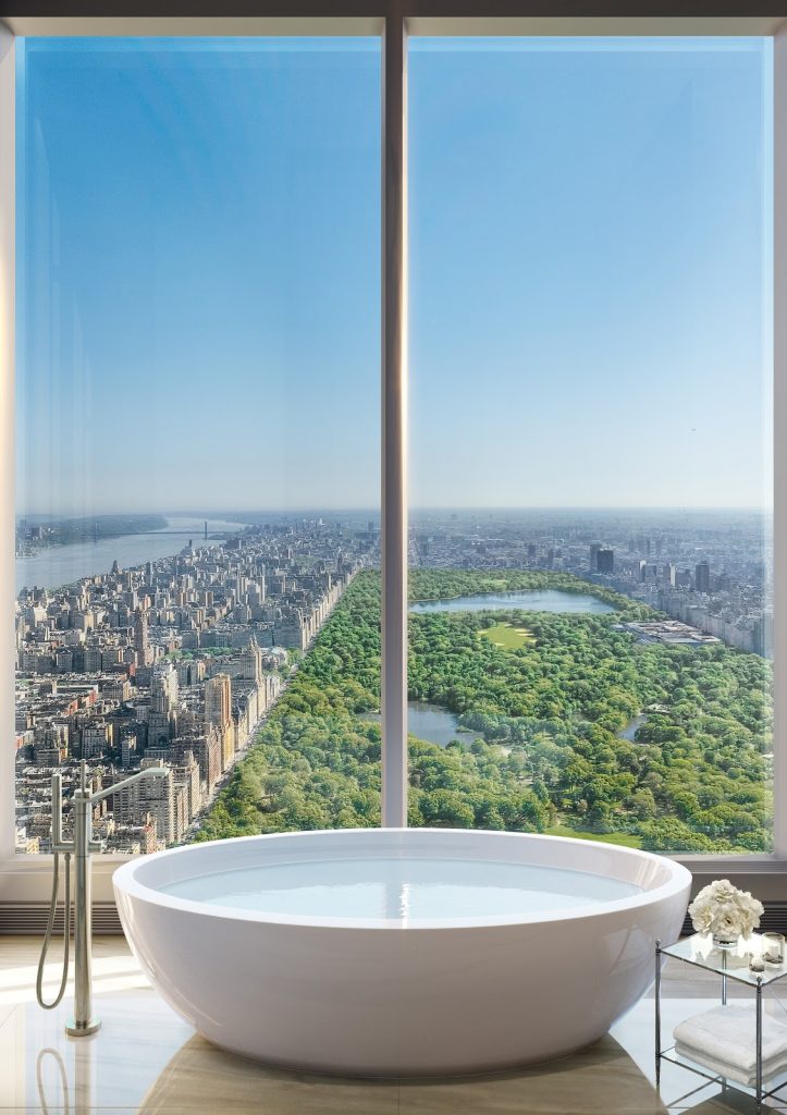 CGI rendering of Central Park Tower daytime view, with bathtub and floor-to-ceiling windows