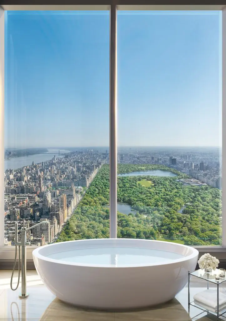 CGI rendering of Central Park Tower daytime view, with bathtub and floor-to-ceiling windows
