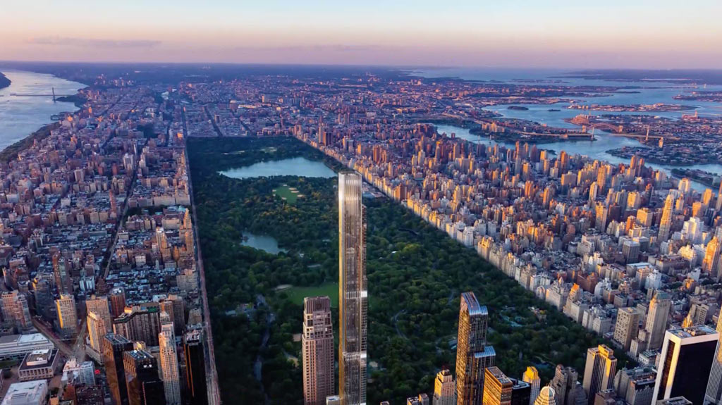 Aerial view of Central Park Tower, New York City, also showing Central Park and wider Manhattan